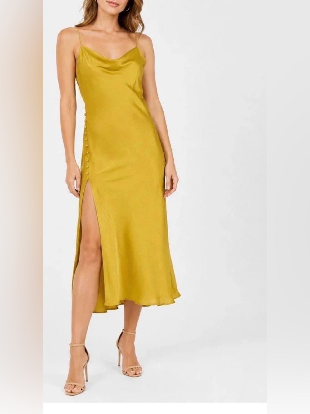 Satin Midi Dress with Side Button & Leg Slit - Mustard